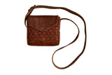 Handmade leather shoulder purse with basket weave front and flap closure - signature chocolate