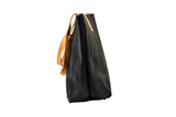 Luxury leather handmade black leather tote with natural leather straps