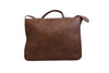 Handmade leather luxury work briefcase with two buckle closures and long shoulder strap back view in stone