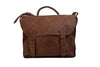Handmade leather luxury work briefcase with two buckle closures and long shoulder strap front view in stone