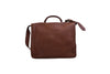 Handmade leather luxury work briefcase with two buckle closures and long shoulder strap back view in cacao