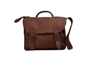 Handmade leather luxury work briefcase with two buckle closures and long shoulder strap front view in cacao