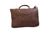 Handmade leather luxury work briefcase with two buckle closures and long shoulder strap back view in mocha