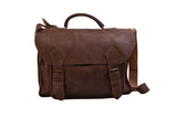 Handmade leather luxury work briefcase with two buckle closures and long shoulder strap front view in mocha