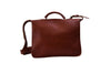 Handmade leather luxury work briefcase with two buckle closures and long shoulder strap back view in persimmon