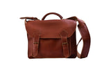 Handmade leather luxury work briefcase with two buckle closures and long shoulder strap front view in persimmon