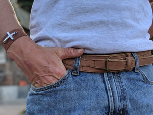 Man wearing Handmade leather belt with hidden zipper pocket to hold cash in color stone