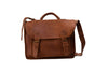 Handmade leather luxury work briefcase with two buckle closures and long shoulder strap front view in signature chocolate