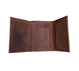 Luxury leather handmade leather trifold wallet signature chocolate color open